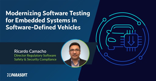 Modernizing Software Testing for Embedded Systems in SDVs in white text on blue background with speaker headshot below and automotive graphic to the right