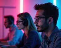 Row of three engineers working on their computers