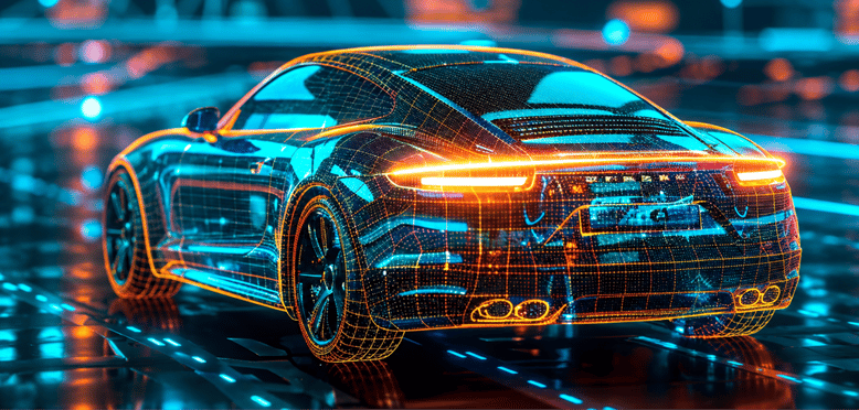 Futuristic sports car with a digital wireframe overlay, representing automotive software development, testing, and connected vehicle technology.
