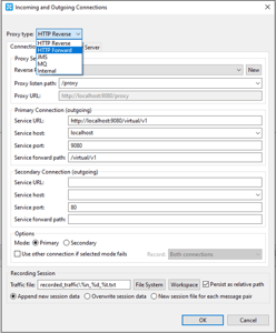 Screenshot of Incoming and Outgoing Connections with Proxy type dropdown options that include: HTTP Reverse, HTTP Forward, JMS, MQ, Internal.