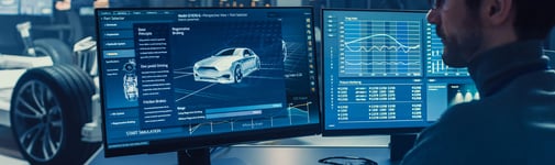 Man in front of computer showcasing automotive software