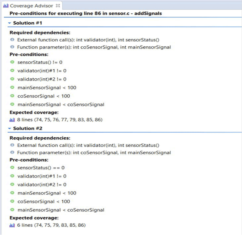 Screenshot of the C/C++test Coverage Advisor showing required dependences, preconditions, and completed coverage.