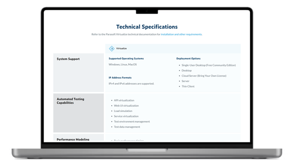 Screenshot of Virtualize technical specs page