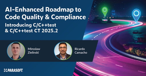 AI-Enhanced Roadmap to Code Quality & Compliance with speaker headshots below and abstract graphic of road with purple lighting to the right