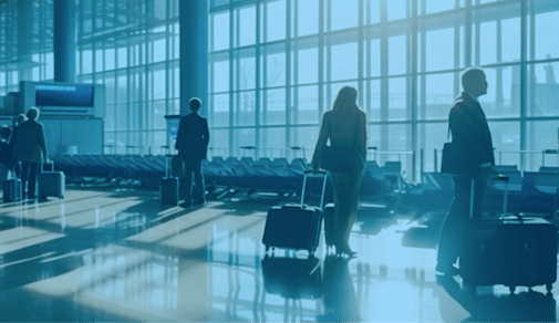 Business travelers with luggage walking through an airport terminal.