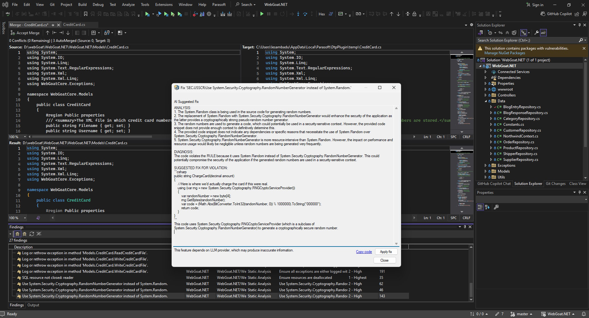 Screenshot of AI code fix in dotTEST