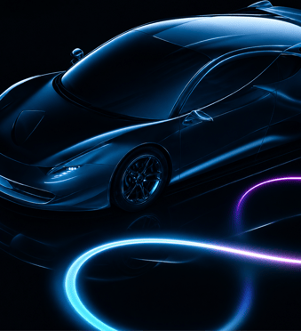 Futuristic connected vehicle with glowing digital lines representing automotive software, connectivity, CI/CD, and continuous compliance.