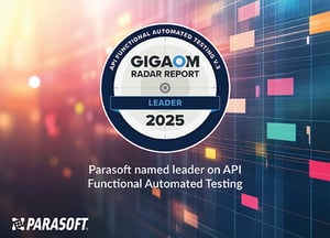 Gráfico con un fondo colorido que muestra la insignia de Líder del Informe GigaOm Radar de Pruebas Funcionales Automatizadas de API V.3 2025. Texto debajo: Parasoft nombrado líder en Pruebas Funcionales Automatizadas de API. En la parte inferior izquierda se encuentra el logotipo de Parasoft.