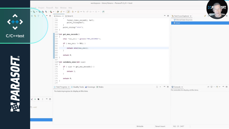 Eclipse IDE displaying C code with Parasoft C/C++test unit testing tools and test case management for creating and managing test stubs.