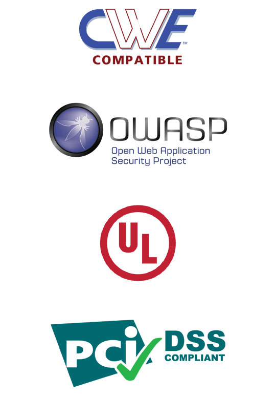 CWE, OWASP, UL, and PCI DSS logos