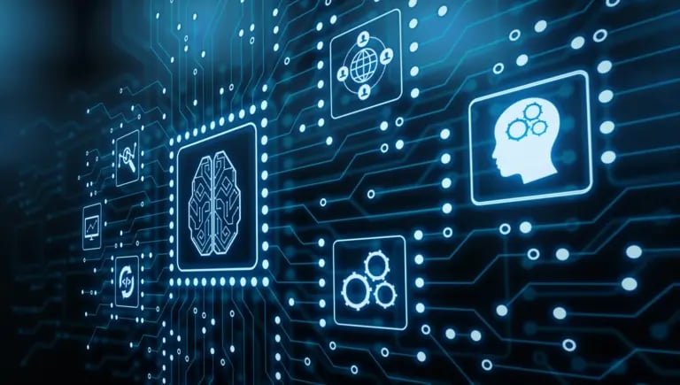 AI Circuit Brain, gears, globe and various other icons representing automated software testing