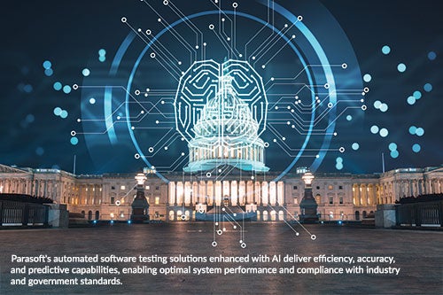 Photo of a government building with a glowing light blue overlay image of an outlined brain encircled with data points stemming away from it. Caption reads: Parasoft