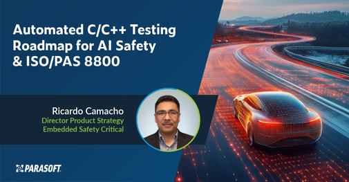 Automated C/C++ Testing Roadmap for AI Safety & ISO/PAS 8800 webinar title with speaker headshot below and graphic of car driving on a windy road to the right