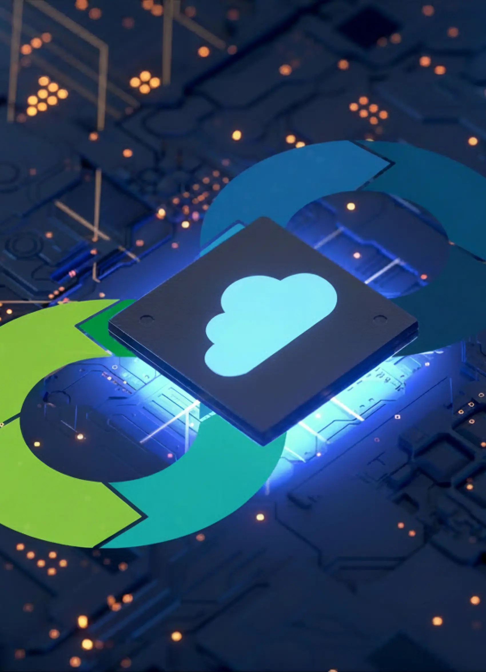 Graphic of microchip with cloud image in middle and infinity loop with circuit board in the background