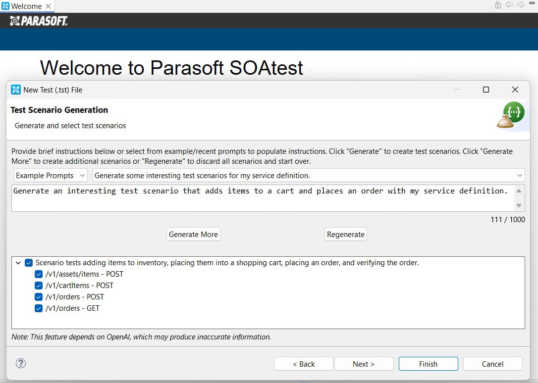 SOAtest screenshot of GenAI test generation