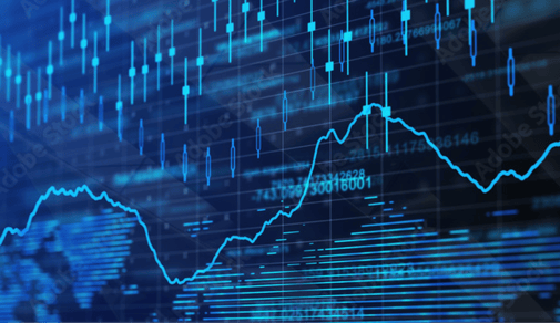 Digital financial market chart with line and candlestick data.