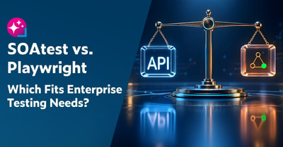 Text on left: SOAtest vs. Playwright: Which Fits Your Enterprise Testing Needs? On the right is a graphic showing a scale balancing a block on the left labeled "API" and a block on the right with a network icon on it.