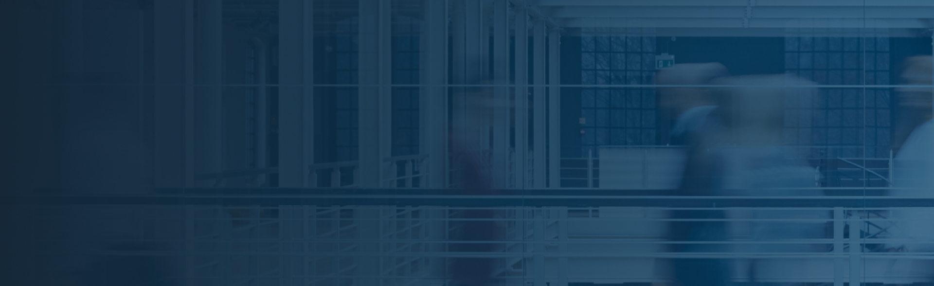 Graphic with blue tint of people walking indoors