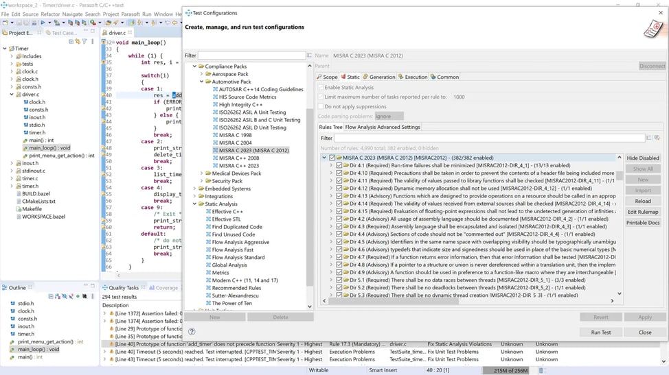 Screenshot of Parasoft C/C++test Test Configurations where you apply source code analysis techniques to verify code quality with industry standards.