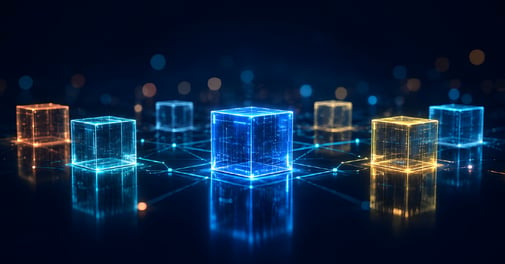 Glowing blue and gold digital cubes connected across a network, representing interconnected virtual services and software dependencies.