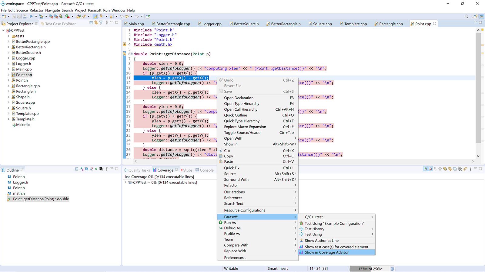 Invoking Coverage Advisor by right-clicking