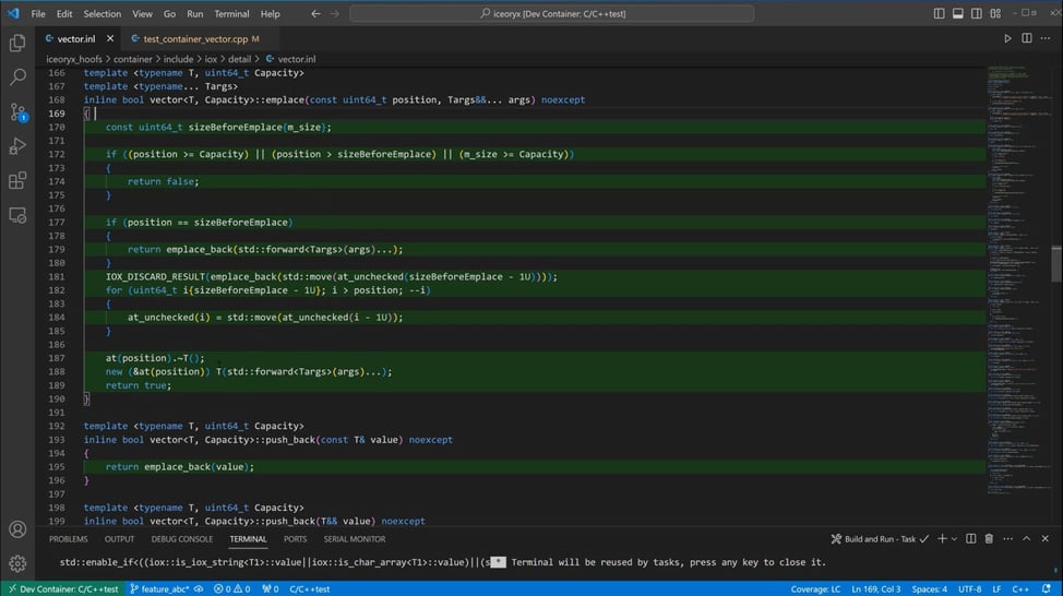 Screenshot showing a development test container for C/C++ code coverage.