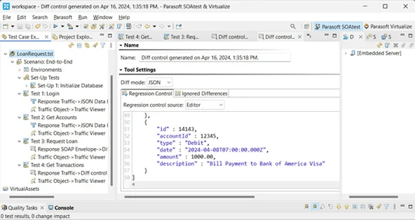 Screenshot of Parasoft SOAtest in the Eclipse IDE showing an end-to-end scenario test case with regression control.