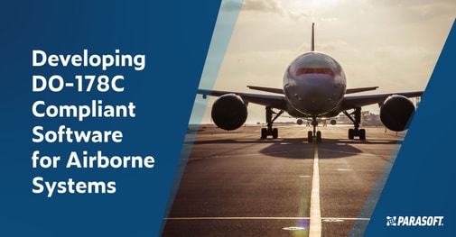 Text on left in white font on blue background: Developing DO-178C Compliant Software for Airborne Systems. On the right is a front shot of a commercial airplane on the runway.