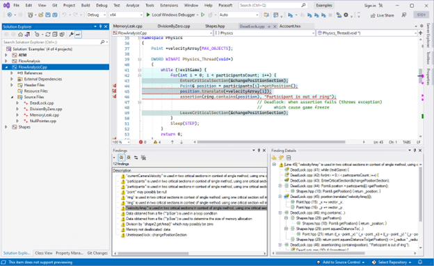 Screenshot showing static code analysis results in the IDE with C/C++test