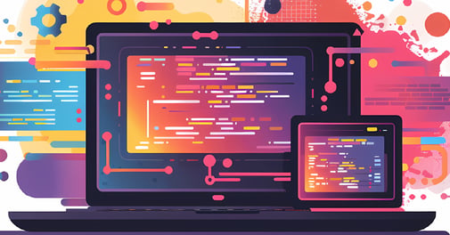 Graphic of computer with testing code and services on screen with abstract overlay