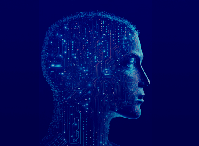 Profile image of a human head filled in with data connectors to reflect artificial intelligence.