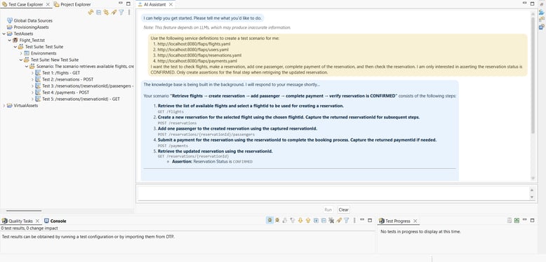 Screenshot of SOAtest AI Assistant for microservices testing