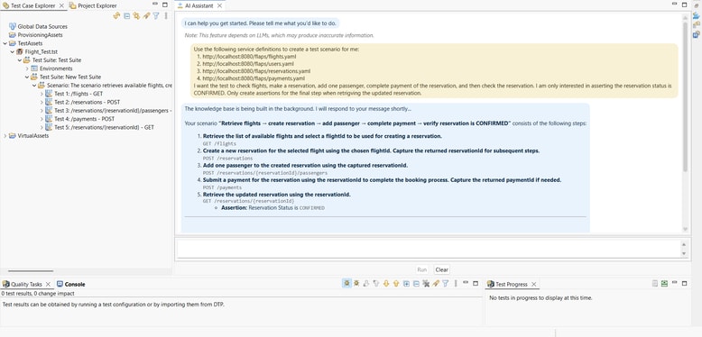 Screenshot of SOAtest AI Assistant for microservices testing