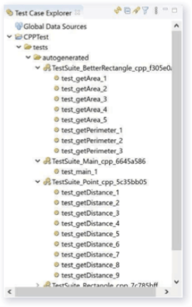 Screenshot showing Parasoft C/C++test Test Case Explorer, specifically automated test case generation. In this case, one test suite per function.