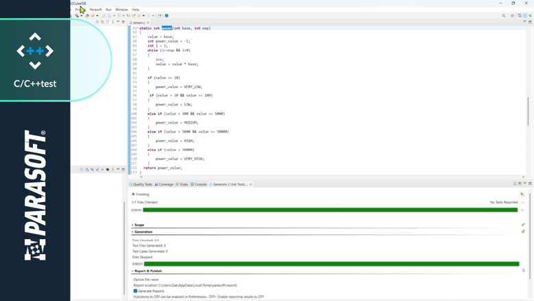Test Parasoft C/C++ exécuté dans STM32CubeIDE, affichant le code C ainsi que la génération automatisée des tests unitaires et la progression de l'exécution des tests.