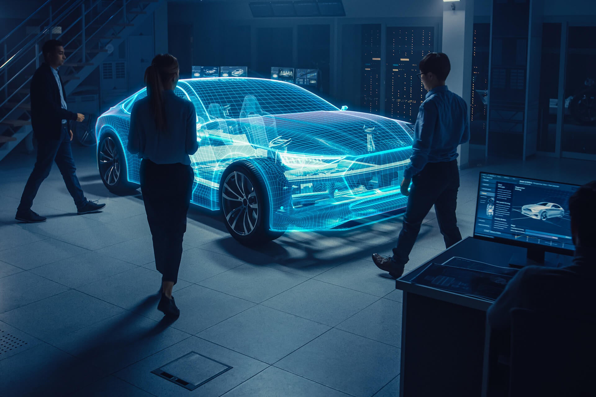 Graphic with blue tint showcasing the future of automobiles