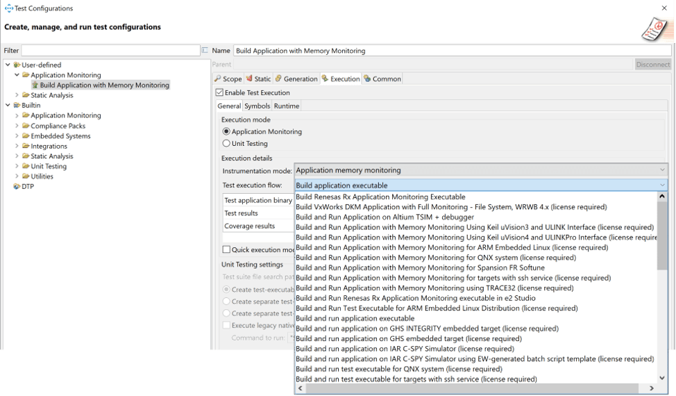 Screenshot of Parasoft C/C++test Test Configurations for application monitoring.