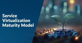 Text on left for blog post: Service Virtualization Model. On the right is an illuminated hardware for an IoT device in the shape of a square with a two tree sprigs popping out to reflect growth.