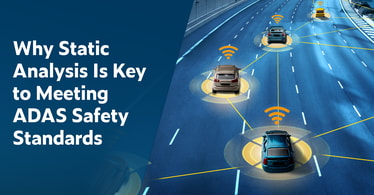 Text on the left: Why Static Analysis Is Key to Meeting ADAS Safety Standards. On the right shows an overview image of a freeway showing multiple software-defined vehicles, some with advanced driver assistance systems.