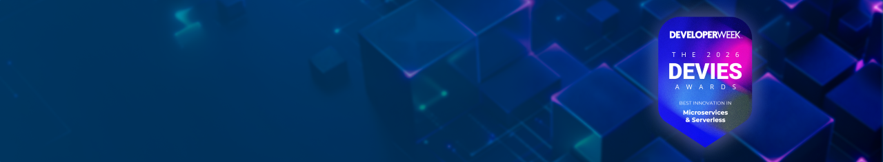 Devies award blue banner with Microservices badge to the right