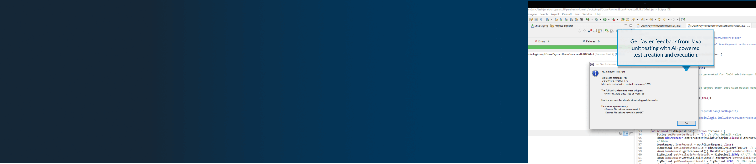 Blue banner with Jtest product tour screenshot on the right