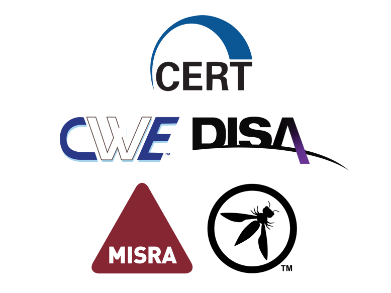 Screenshot of various Parasoft-supported coding guidelines, including CERT, CWE, DISA, MISRA, and OWASP.