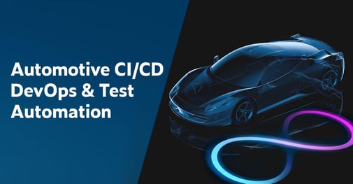 Texte à gauche en caractères blancs sur fond bleu foncé&nbsp;: Automotive CI/CD DevOps & Test Automation. Sur la droite se trouve une image d'une élégante voiture de sport noire garée sur un sol au fini noir brillant qui montre le reflet de la voiture à côté d'une boucle à l'infini bleu néon et rose.