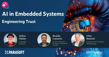 A professional graphic for the "AI in Embedded Systems: Engineering Trust" presentation, featuring stylized icons representing artificial intelligence and hardware components, integrated with the Parasoft branding scheme.