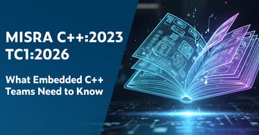 Text on left: MISRA C++:2023 TC1:2026: What Embedded C++ Teams Need to Know. On the right is a graphic of an open book glowing with neon cyan, blue, and purple - it