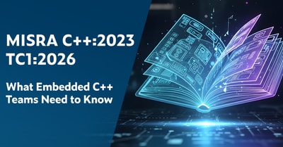 Text on left: MISRA C++:2023 TC1:2026: What Embedded C++ Teams Need to Know. On the right is a graphic of an open book glowing with neon cyan, blue, and purple - it