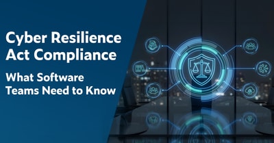 Text on the left: Cyber Resilience Act Compliance: What Software Teams Need to Know. On the right is an icon of a glowing neon blue shield with the scales of justice. Smaller symbols connecting to the icon include a cloud with lock for secure communication, people, and a node representing cybersecurity.