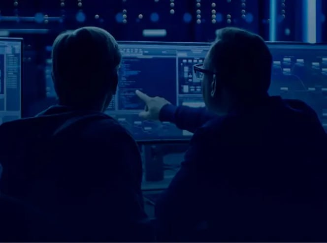 behind-view of two people examining automated software testing on computer