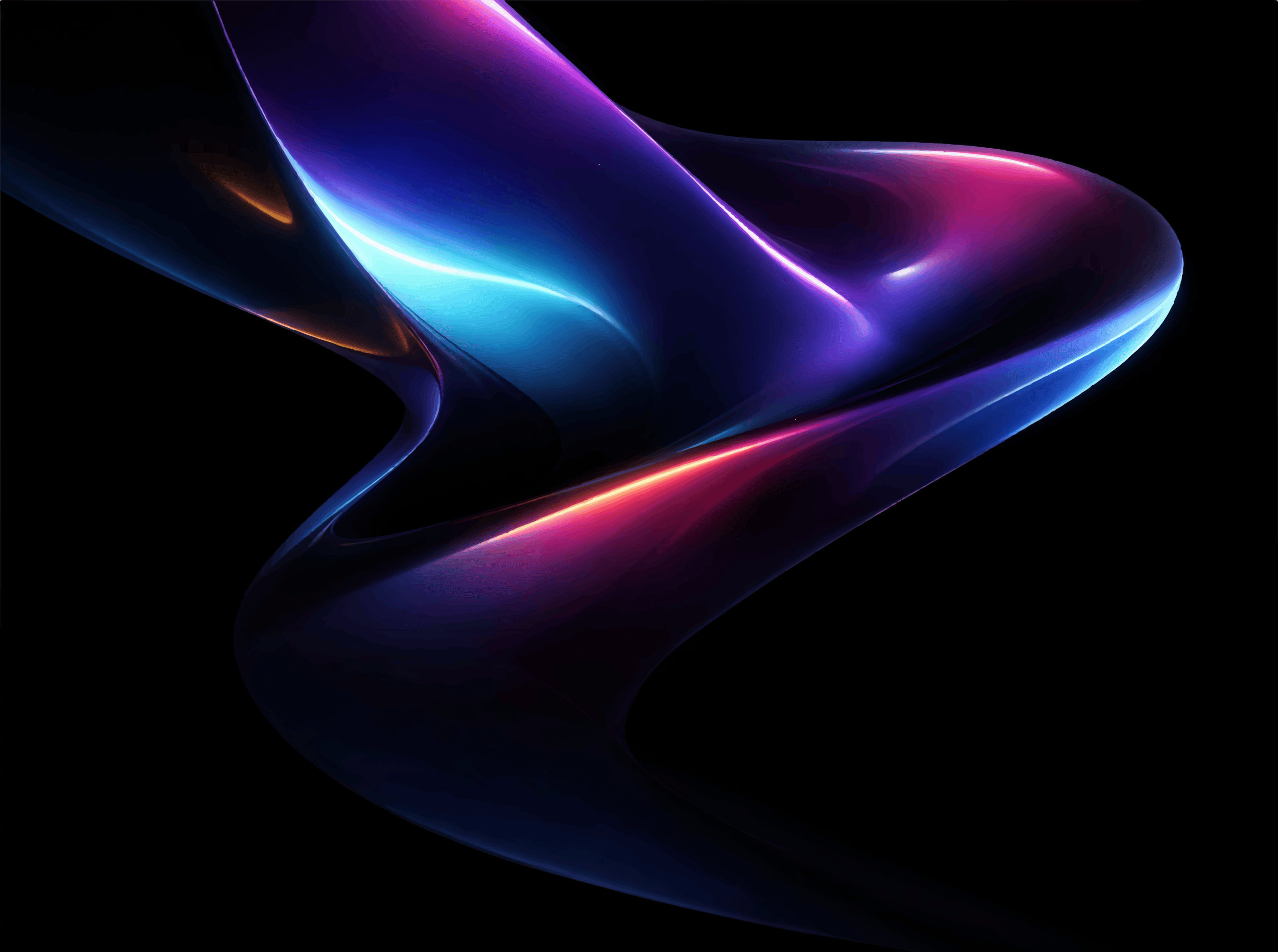 Abstract flowing waves illuminated with vibrant blue, purple, and pink light against a black background.