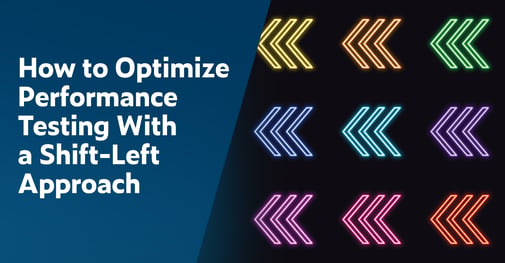 Text on left: How to Optimize Performance Testing With a Shift-Left Approach. On the right are three columns of illuminated arrows, each in a different color of the rainbow, stacked in three rows.